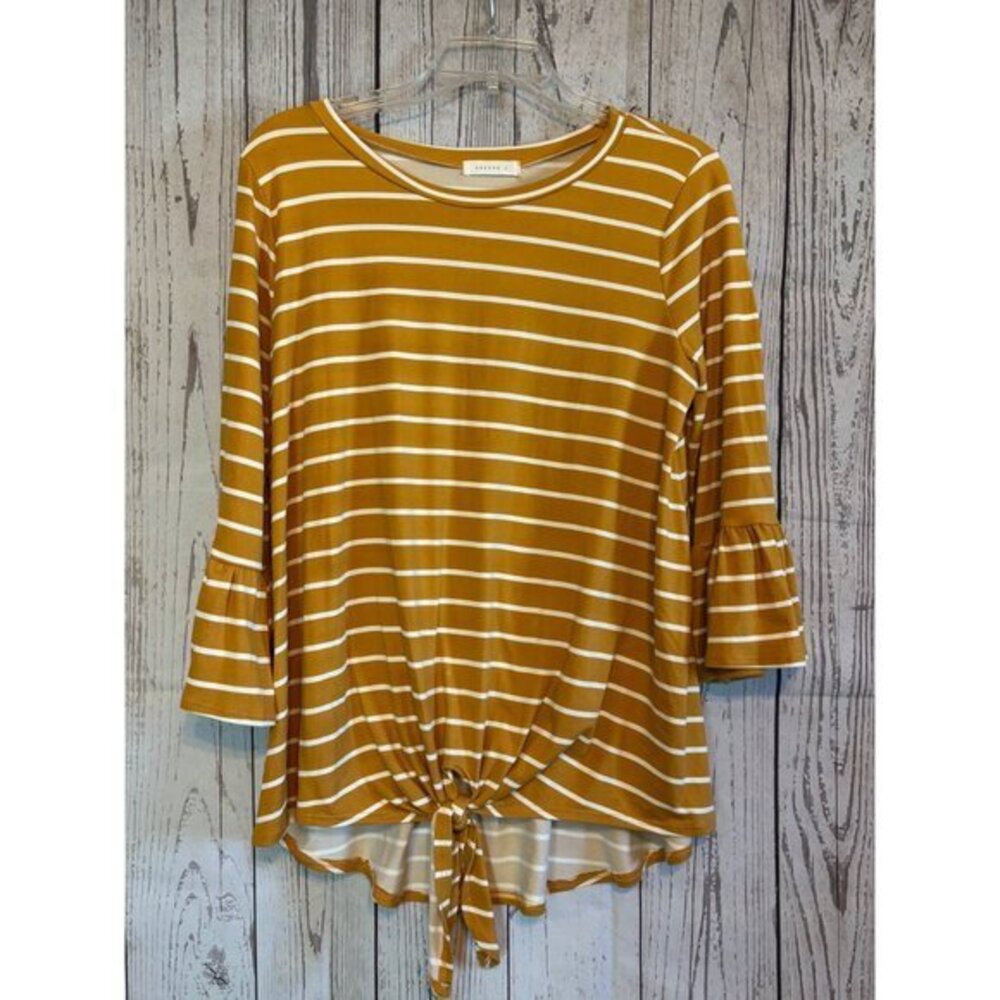 REBORN J Mustard & White Stripe Pull Ov Ties In Front Longer In Back Chic Size L